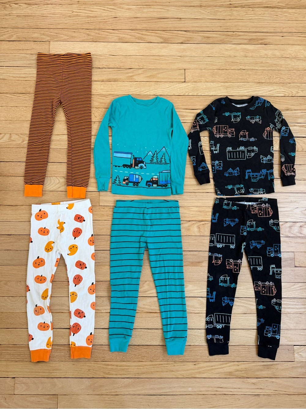 100% Cotton Kids Teal, Black & Orange Pajama Set Variety - Trucks & Pumpkins